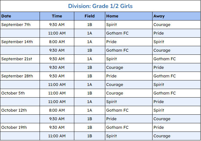 2024 1/2 Girls Rec Schedule