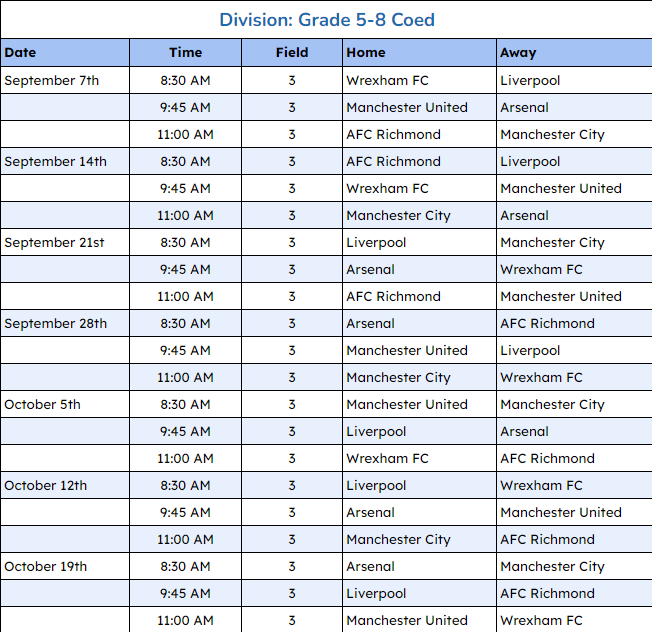 2024 5-8 Coed Rec Schedule